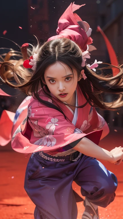 a girl dressed in a sexy pink kimono that had been torn by a sword until her breasts and vagina were almost visible. the girl was holding a sword in her hand, nezuko, nezuko-chan, demon slayer rui fanart, demon slayer artstyle, official anime artwork, official art, official artwork, demon slayer, ayaka genshin impact, tanjiro kamado, kimetsu no yaiba, high detailed official artwork