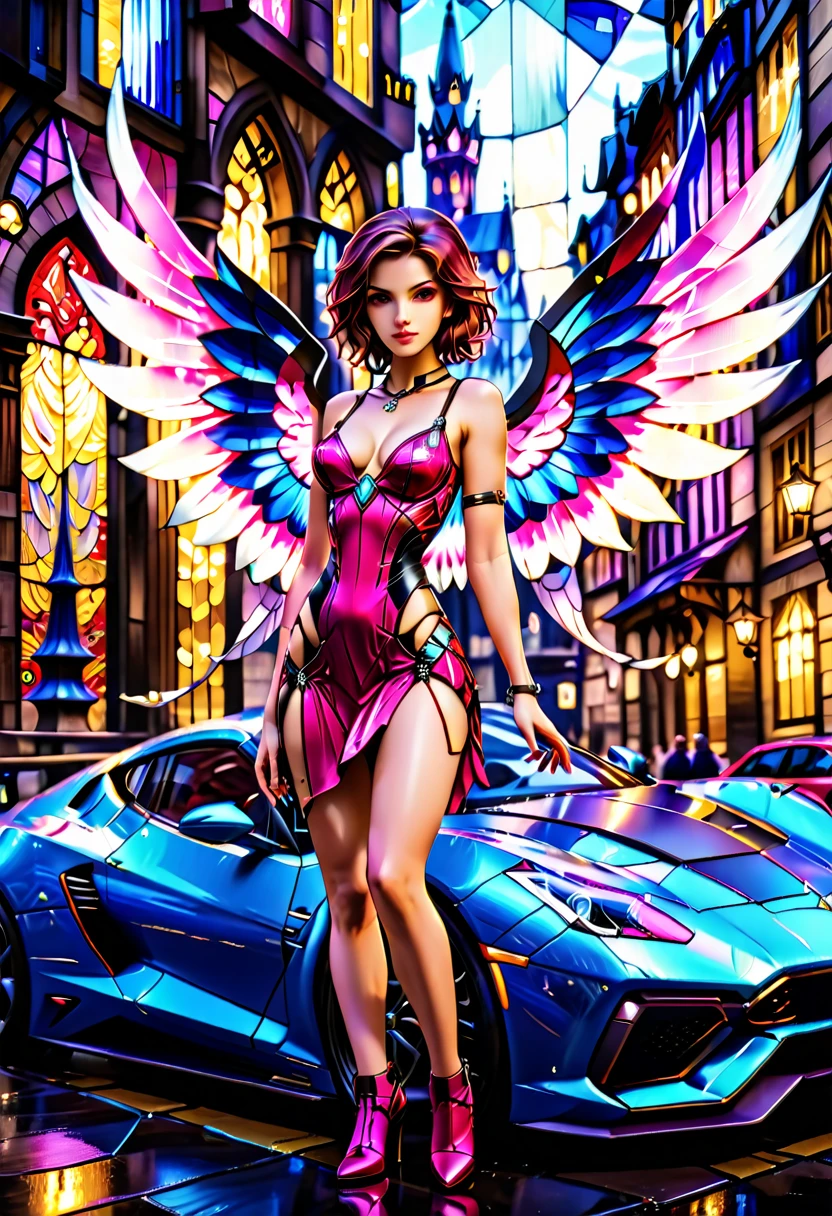 Arafed a ((stained glass artwork picture:1.5)) stained-glass, of a (mech cyberpunk female angel: 1.2) standing in at the street at night near her sports car, night, an  exquisite beautiful cyberpunk female angel  wearing dark dress, wearing ((intricate mech glamour pink evening dress: 1.3)), (white angelic wings: 1.2), spread angelic wings, halo over the head, small cleavage, wearing intricate diamond necklace,  wearing elegant high heeled boots,   dynamic eye color, dynamic hair color, dynamic hair style,  standing near her (sports car: 1.3), cyberpunk street t background, full body shot, (Masterpiece: 1.5), Vibrant, Ultra-high resolution, High Contrast, masterpiece:1.2, highest quality, Best aesthetics), best details, best quality, highres, ultra wide angle, 16k, [ultra detailed], masterpiece, best quality, (extremely detailed), Mechanical Creatures, intense gaze