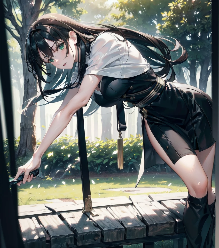 beautiful girl with dark brown wavy hair and long bangs, green eyes, wearing a black japanese-style dress with white pants, bare shoulders, slim figure, cold expression, in a combat scene, outdoors with a forest background, many trees and dark sky, (best quality,4k,8k,highres,masterpiece:1.2),ultra-detailed,(realistic,photorealistic,photo-realistic:1.37),HDR,UHD,studio lighting,ultra-fine painting,sharp focus,physically-based rendering,extreme detail description,professional,vivid colors,bokeh,concept art