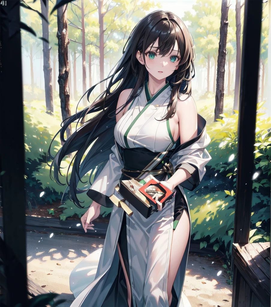 beautiful girl with dark brown wavy hair and long bangs, green eyes, wearing a black japanese-style dress with white pants, bare shoulders, slim figure, cold expression, in a combat scene, outdoors with a forest background, many trees and dark sky, (best quality,4k,8k,highres,masterpiece:1.2),ultra-detailed,(realistic,photorealistic,photo-realistic:1.37),HDR,UHD,studio lighting,ultra-fine painting,sharp focus,physically-based rendering,extreme detail description,professional,vivid colors,bokeh,concept art