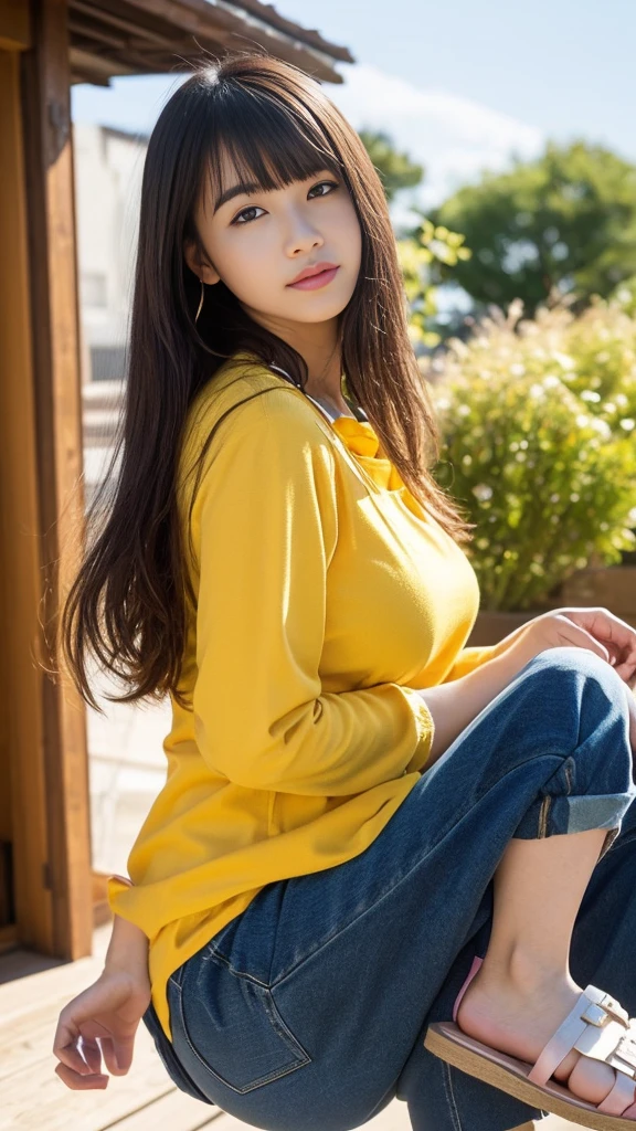 (Best quality, 8k, 32k, Masterpiece, UHD:1.2), Photo of cute tall Italian woman, small breasts, wearing yellow t-shirt and white panties, red long loose hair, full body, wearing high-heels, (oversized_sweater,:1.1) necklace, simple background, (YES SFW), realistic hands, sitting outdoor on a bench