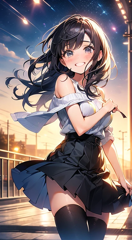 A beautiful girl in a miniskirt looking back at a sunset,, anime girl, embarrassed look, perfect anatomy, ((turtleneck, white miniskirt, white knee socks)), big rounds breasts, (bare chest), dark brown hair, (hair tousled by the wind, messy hair, Broken hairstyle), long bangs, long hair, wavy hair, shiny hair, french braid, magenta ribbon, aqua eyes, (Eye and face details:1.0), (Bokeh:1.1), glowing eyes, pupils sparkling, earrings, smile, blush, glossy lips wonderful face and eyes, (amazingly beautiful girl), my back is turned, showing your butt, Angle from the back, ((The wind flips my skirt:1.3, panties, cute ass), (butt crack:1.4)), focus on the butt, professional lighting, high detail, (super detailed), (Very detailed CG synthesis 8k wallpaper), anime, anime style, cinematic lighting, dithering, image fill, character chart, multiple views, cinematic lighting, vanishing point, perspective, panorama, Wide-Angle, f/1.8, 85mm, Nikon, 8k, super detail, UHD, retina, masterpiece, accurate, anatomically correct, textured skin, high details, best quality, highres, 16k