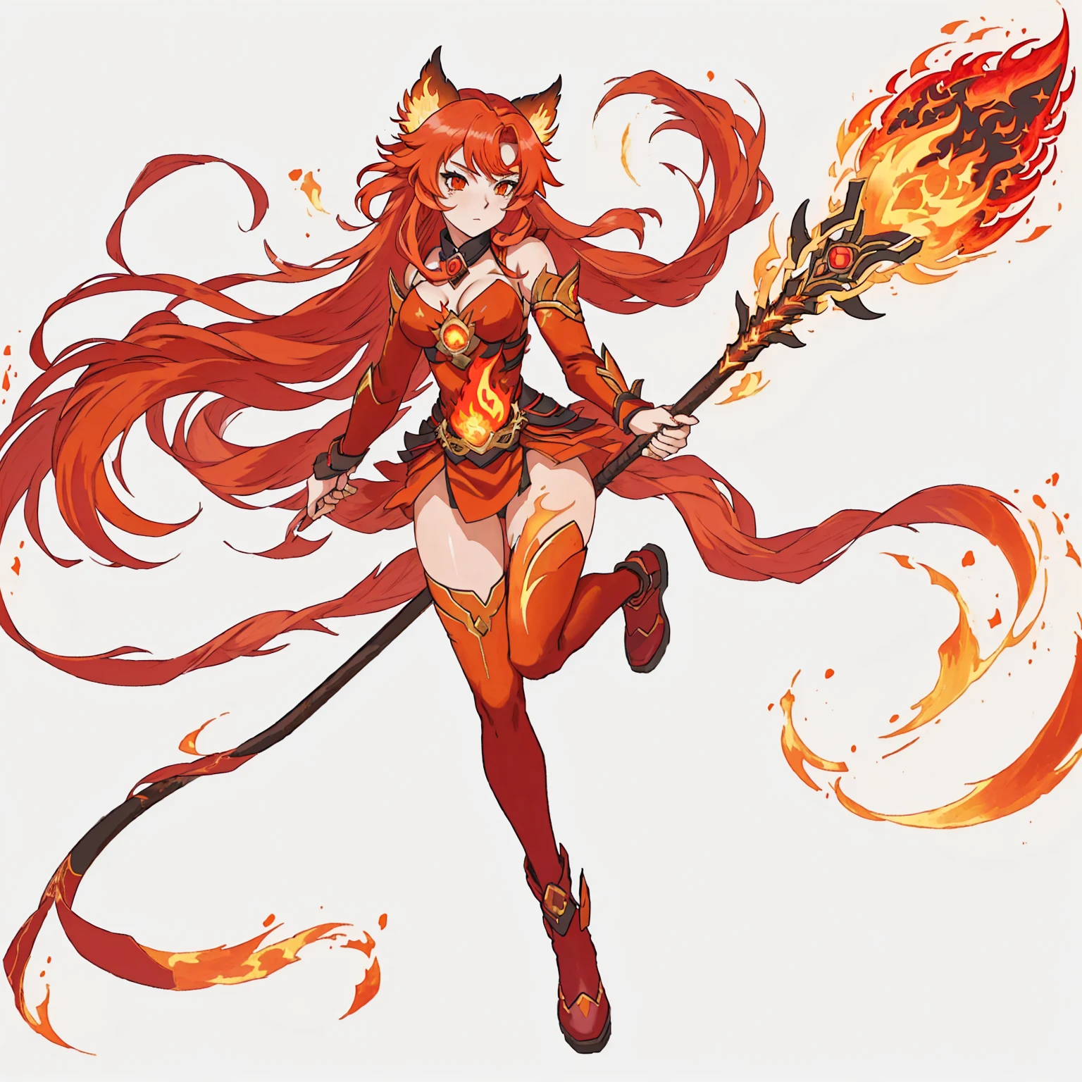 anime girl with red hair holding a fire stick and a staff, fire!! whole body, fire mage, appears as the fire goddess, goddess of fire, fire goddess, Fox and bush, hot fire goddess, Ayaka Genshin Impact, lava and fire goddess, she has fire powers, Anime Goddess, Makeup Gremory, fire demon, Anime Character Art，The details are clear，Clear facial features