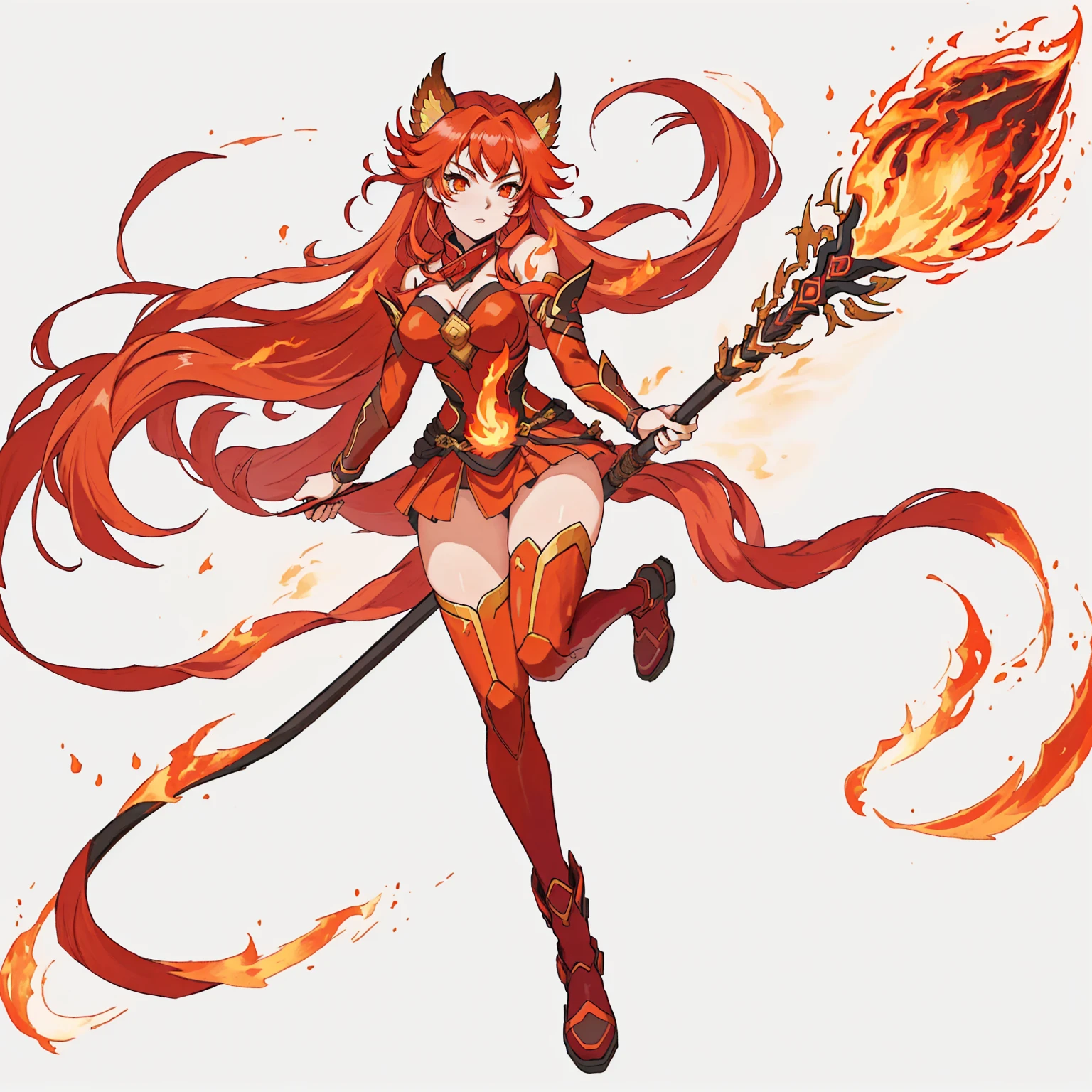 anime girl with red hair holding a fire stick and a staff, fire!! whole body, fire mage, appears as the fire goddess, goddess of fire, fire goddess, Fox and bush, hot fire goddess, Ayaka Genshin Impact, lava and fire goddess, she has fire powers, Anime Goddess, Makeup Gremory, fire demon, Anime Character Art,The details are clear,Clear facial features
