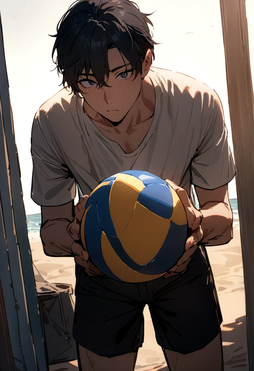 ((masterpiece, best quality, more detail)), ((1man)), A 22 year old man, holding a beach volleyball in both hands below , Lean to the left