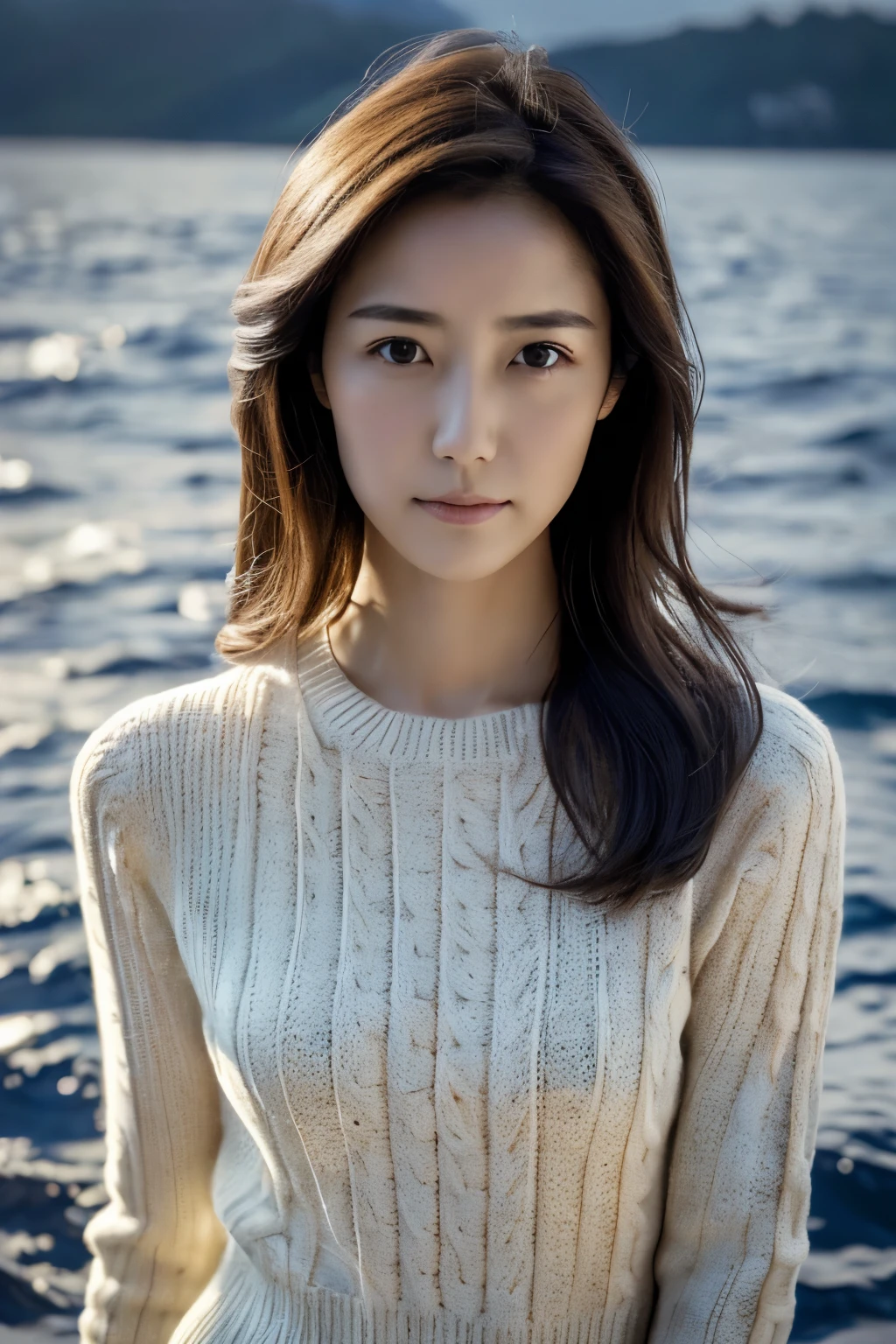 (knitwear), (top-quality, masterpiece:1.3, Super high resolution), (Photorealsitic:1.4, RAW shooting), Ultra-realistic capture, A highly detailed, high-definition 16K for human skin, Wistful, A skinny Japanese woman, 30 years old, cute face, ((Sadness face)), detailed face, detailed eyes, ((correct anatomy)), A dark-haired, Middle hair, ((Background of the sea in a starry night)), (((looking up afar at starry sky))), hair blowing in the wind