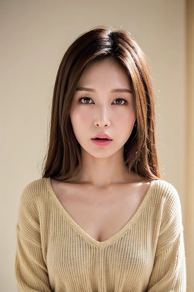 masterpiece, highest quality, Realistic, (One Mature Woman), Upper body shot from the waist up, Yellow V-neck light knit shirt, Cleavage, ((View your audience)), (Thick lips), Open your mouth a little