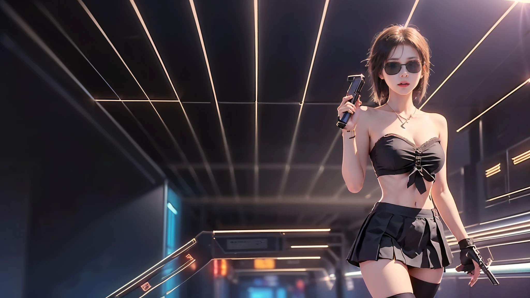 (aerial view). at night, futuristic sci-fi cyberpunk city, broad viaduct, skyscrapers at the end of the viaduct, the movie "13th Floor" style, hq. Matrix style, at night, (1girl, solo), photo realistic, (large-breast:1.2 slim body, cleavage:1.3), (((tube top, extreamly short pleated (((miniskirt))) exposing panty))), (((((matrix style black sunglasses))))), (((((aiming at camera with a (pistol)))))), (((half-body (thigh level) medium shot))), (cinematic lighting).