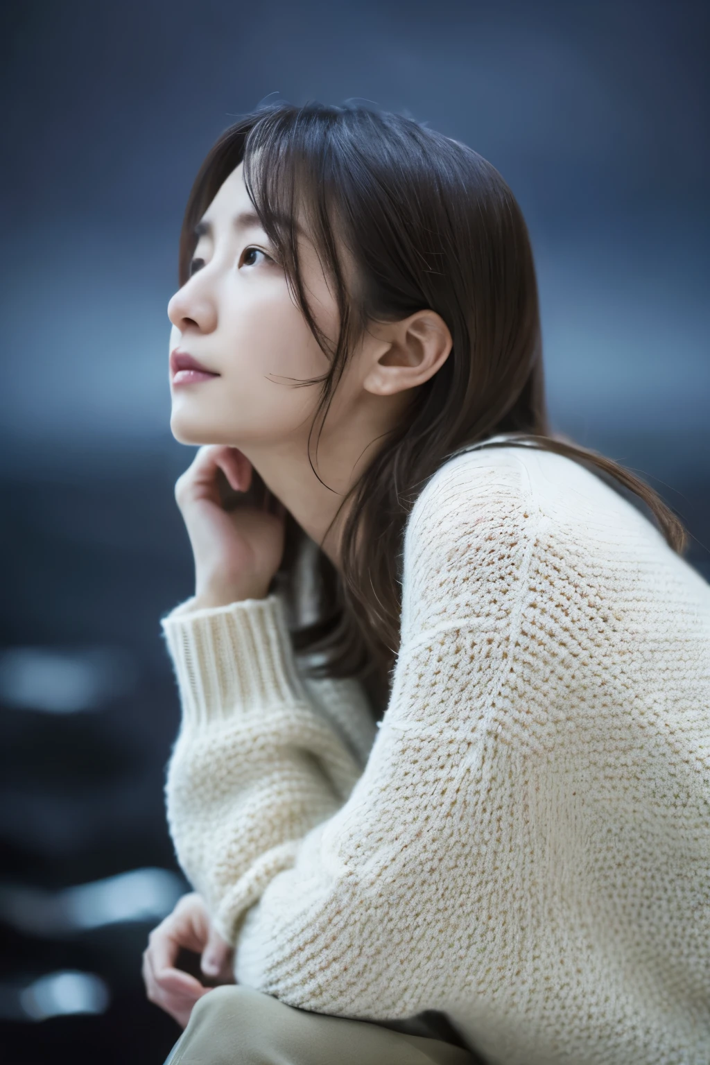 (knitwear), (top-quality, masterpiece:1.3, Super high resolution), (Photorealsitic:1.4, RAW shooting), Ultra-realistic capture, A highly detailed, high-definition 16K for human skin, Wistful, A skinny Japanese woman, 30 years old, cute face, ((Sadness face)), detailed face, detailed eyes, ((correct anatomy)), A dark-haired, Middle hair, ((Background of the sea in a starry night)), (((looking up afar at starry sky))), hair blowing in the wind