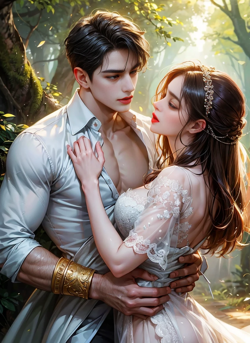 HD quality, high definition, couple having sex, male prince is 18 years old handsome and muscular and slim, mAle is handcuffed with hands tied up, female sexy ugly, male has red lips, romantic sex, lustful, seductive, sex in the forest, cumshots,ji penis inside her vagina both naked,