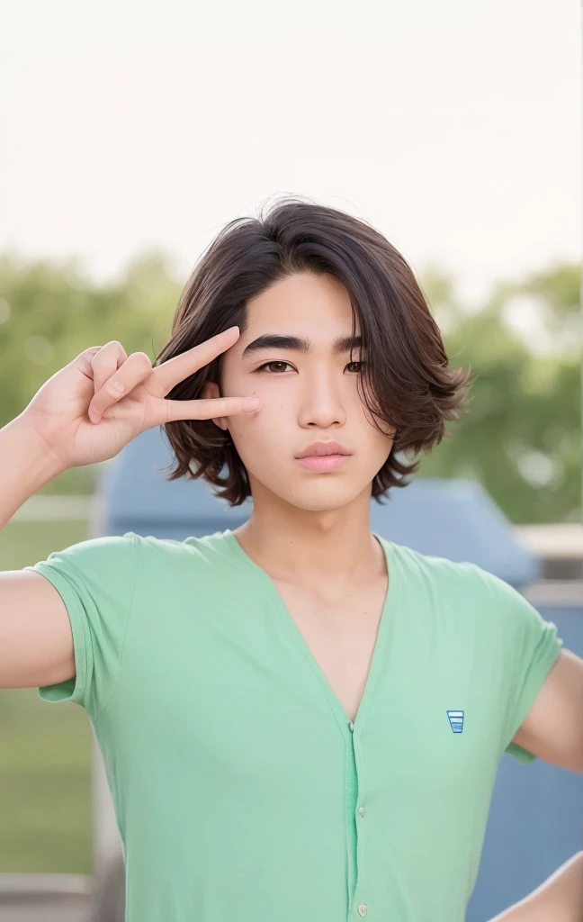 A cool high school boy with a plump face, choppy hair, triangular eyebrows, double eyelids, a straight nose, and downy beard.