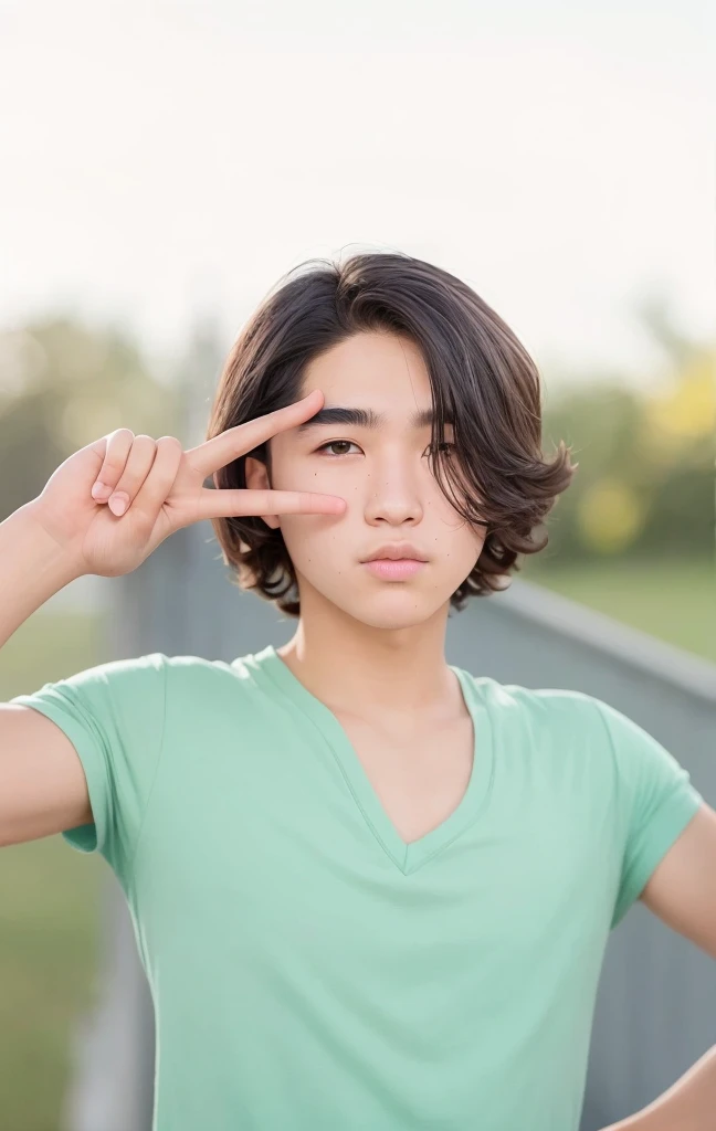 A cool high school boy with a plump face, choppy hair, triangular eyebrows, double eyelids, a straight nose, and downy beard.