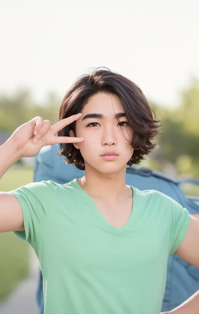 A cool high school boy with a plump face, choppy hair, triangular eyebrows, double eyelids, a straight nose, and downy beard.