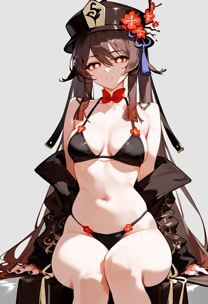 anime artwork, score_9, score_8_up, score_7_up, score_6_up, score_5_up, score_4_up, hu tao, she is 24 years old, style_3, gray background, , , , , _, , sit, , solo, bikini, finger frame