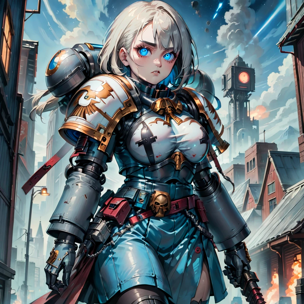 a beautiful ((Mature-Woman)), (Adepta Sororita)  from the Warhammer 40k universe. She has silver-blond hair and sky-blue eyes, adorned in a power armor with metallic blue and gray textures, complemented by latex fabric resembling a skirt. Portrait. Eye-level. Background: A Warhammer 40k-inspired environment with gothic architecture and a celestial backdrop. ((Style-Anime)). Light Dramatic lighting to accentuate the metallic textures. (Extreme detailed face), best quality, masterpiece, ultra-detailed, 8k.