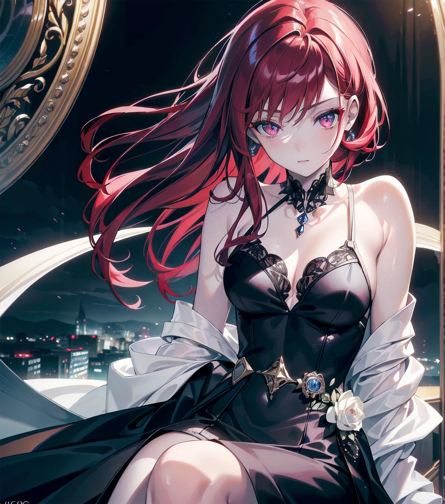 a beautiful 10 year old girl with long red hair, heterochromatic eyes, pale skin, flat chest, wearing a black dress with a fresh pink blouse, elegant and refined artistic style, mysterious and powerful character, captivating and alluring presence, (best quality,4k,8k,highres,masterpiece:1.2),ultra-detailed,(realistic,photorealistic,photo-realistic:1.37),extremely detailed eyes and face,longeyelashes,delicate features,intricate dress details,dramatic lighting,vibrant colors,cinematic composition,fantasy portrait