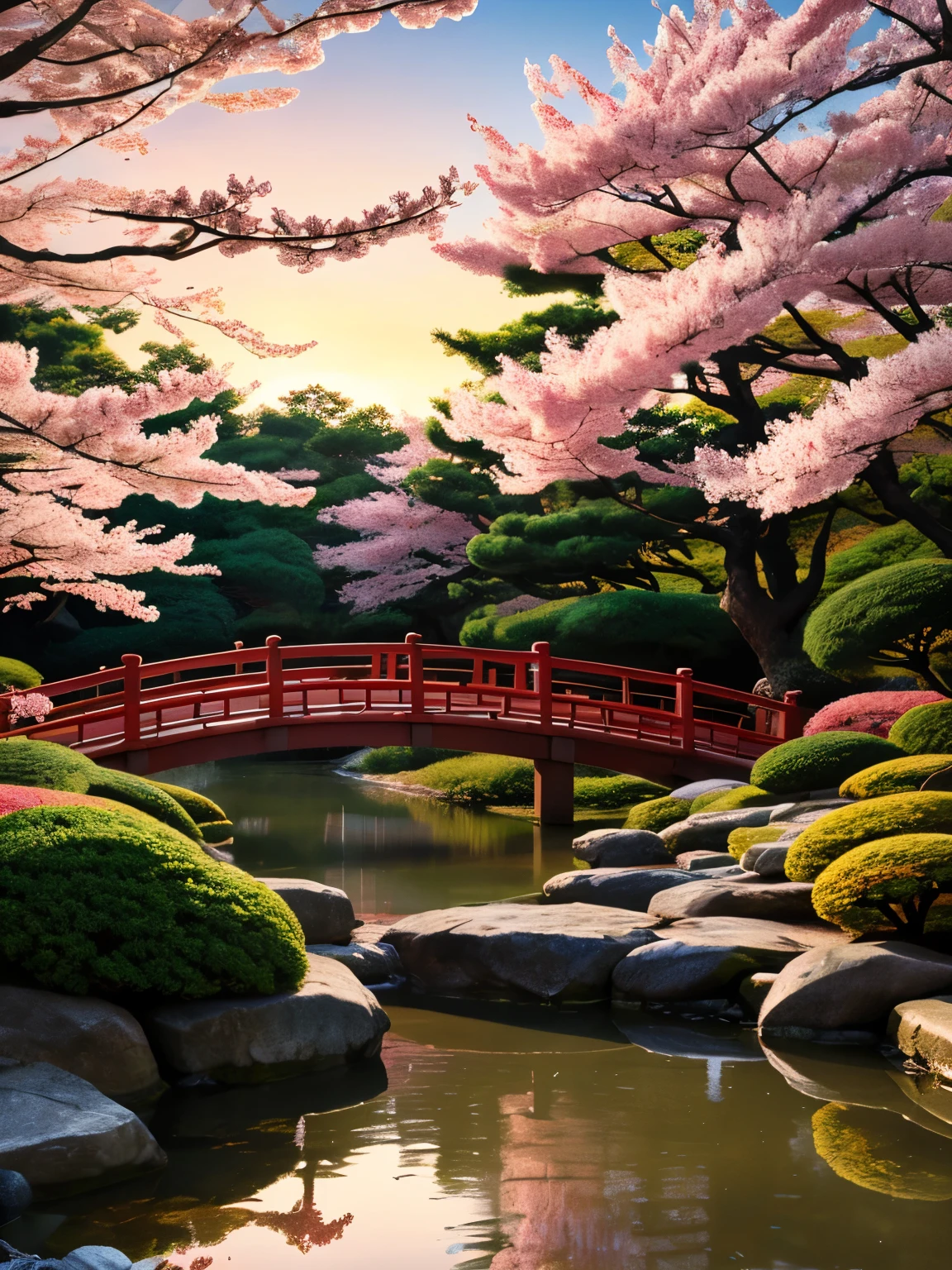 (digital painting),(best quality), serene Japanese garden, cherry blossoms in full bloom, koi pond, footbridge, pagoda, Ukiyo-e art style, Hokusai inspiration, Deviant Art popular, 8k ultra-realistic, pastel color scheme, soft lighting, golden hour, tranquil atmosphere, landscape orientation