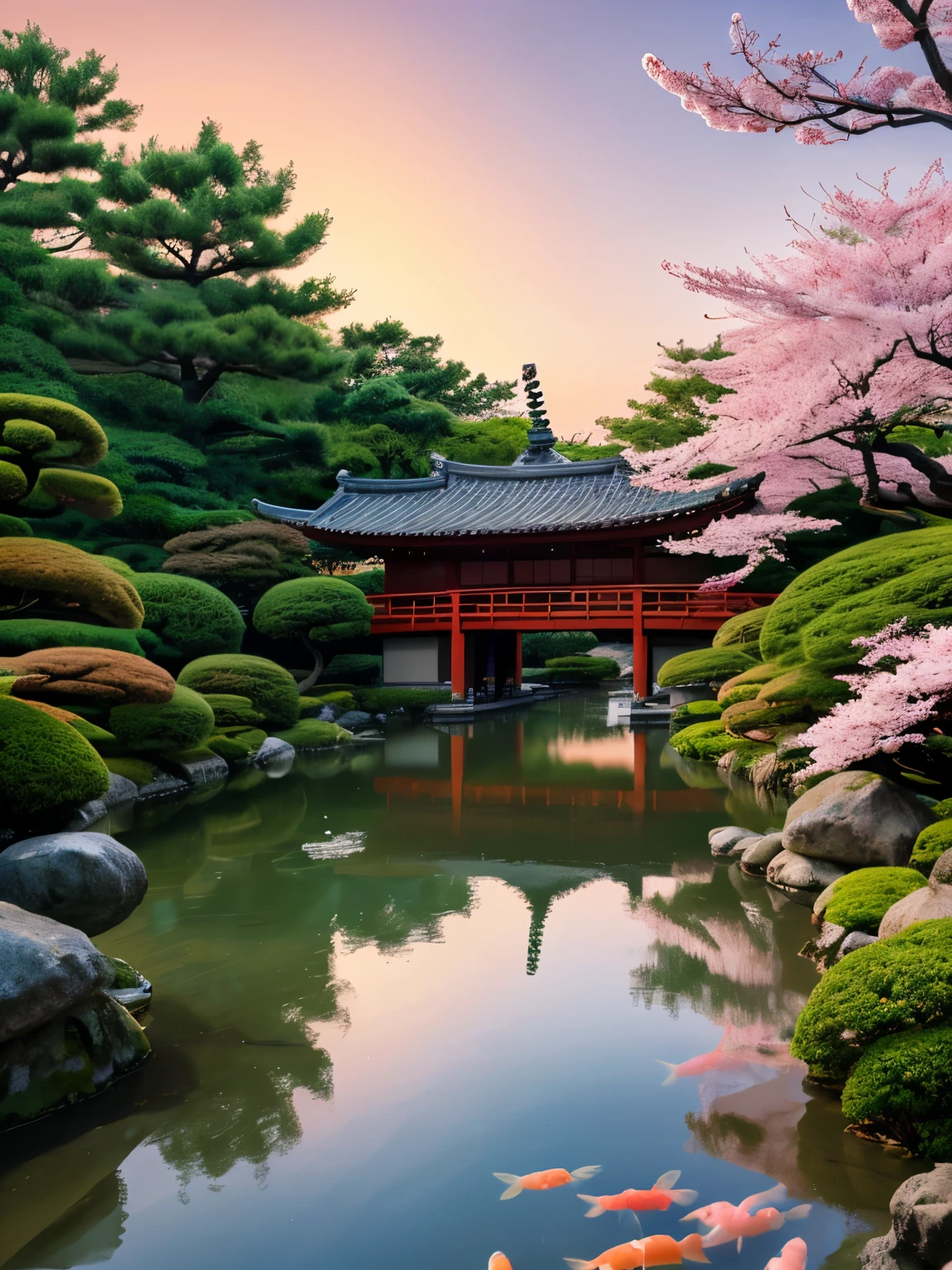 (digital painting),(best quality), serene Japanese garden, cherry blossoms in full bloom, koi pond, footbridge, pagoda, Ukiyo-e art style, Hokusai inspiration, Deviant Art popular, 8k ultra-realistic, pastel color scheme, soft lighting, golden hour, tranquil atmosphere, landscape orientation