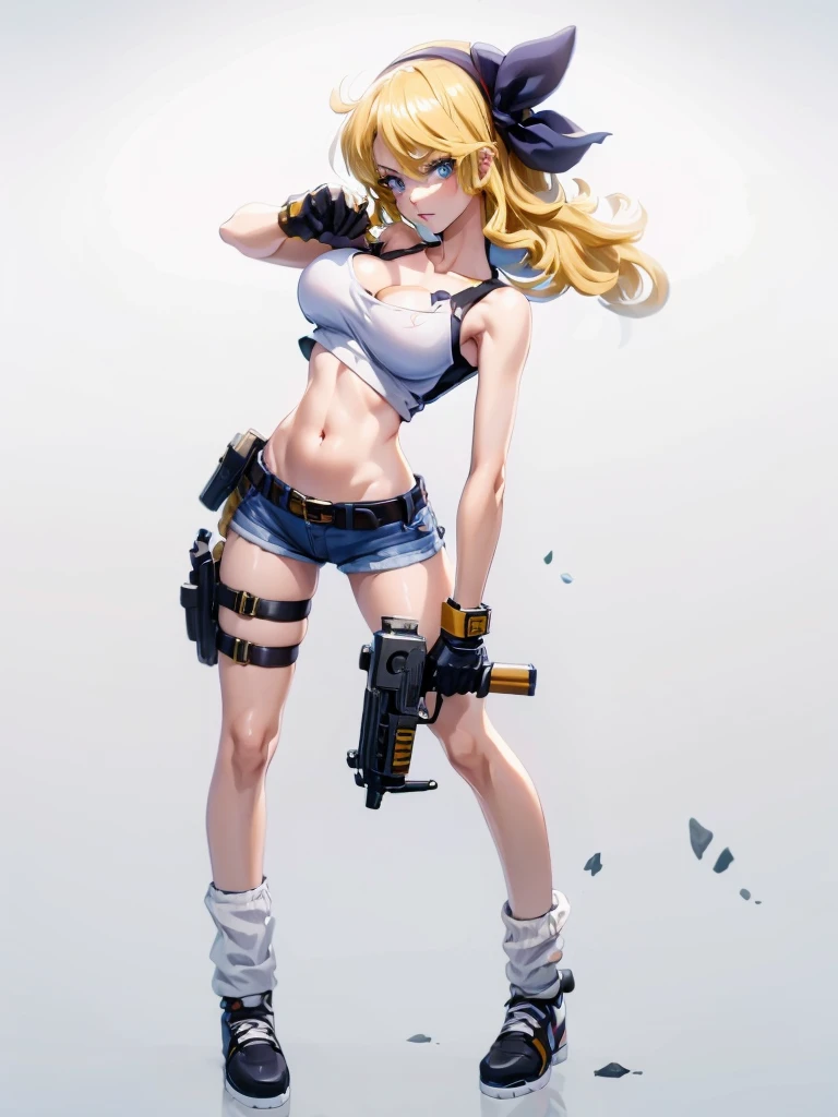 1girl, solo, weapon, shorts, gloves, gun, breasts, long hair, midriff, crop top, fingerless gloves, navel, shoes, full body, curly hair, cleavage, short shorts, hairband, submachine gun, yellow shorts, socks, holding weapon, holding, holster, simple background, tank top, sneakers, standing, belt, handgun, holding gun, white background, thigh holster, hair ribbon, collarbone, large breasts, bow, loose socks, medium breasts, looking at viewer