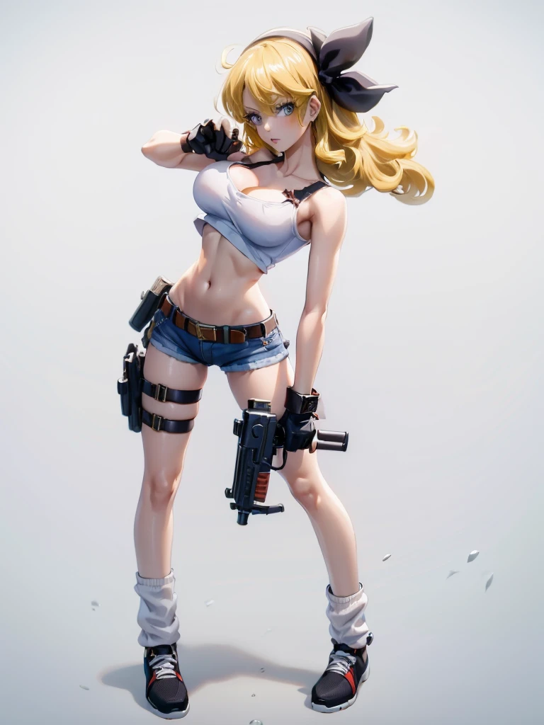 1girl, solo, weapon, shorts, gloves, gun, breasts, long hair, midriff, crop top, fingerless gloves, navel, shoes, full body, curly hair, cleavage, short shorts, hairband, submachine gun, yellow shorts, socks, holding weapon, holding, holster, simple background, tank top, sneakers, standing, belt, handgun, holding gun, white background, thigh holster, hair ribbon, collarbone, large breasts, bow, loose socks, medium breasts, looking at viewer