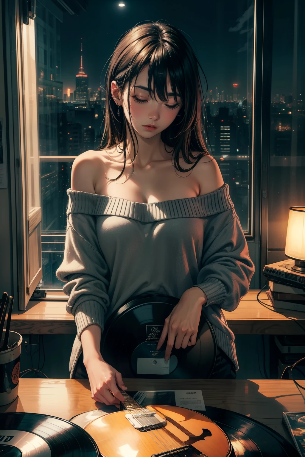 Create a serene urban sanctuary at night, where neon lights blend with the tranquility of a personal retreat. Include a figure lost in music, surrounded by vinyl records, with a cityscape backdrop visible through a large window. Highlight elements like a guitar, posters, and ambient lighting to enhance the mood of relaxed solitude
((best quality)), ((masterpiece)), (detailed), 1girl, off-shoulder sweater,