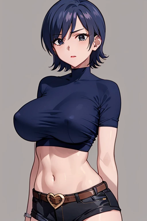 (beautiful detailed eyes, beautiful detailed face, perfect detailed body), mikictr, 1girl, solo, black eyes, short hair, closed mouth, lipstick, blush, large breasts, crop top, no bra, midriff, navel, upper body:1.5, standing, belt, blue short shorts, simple background