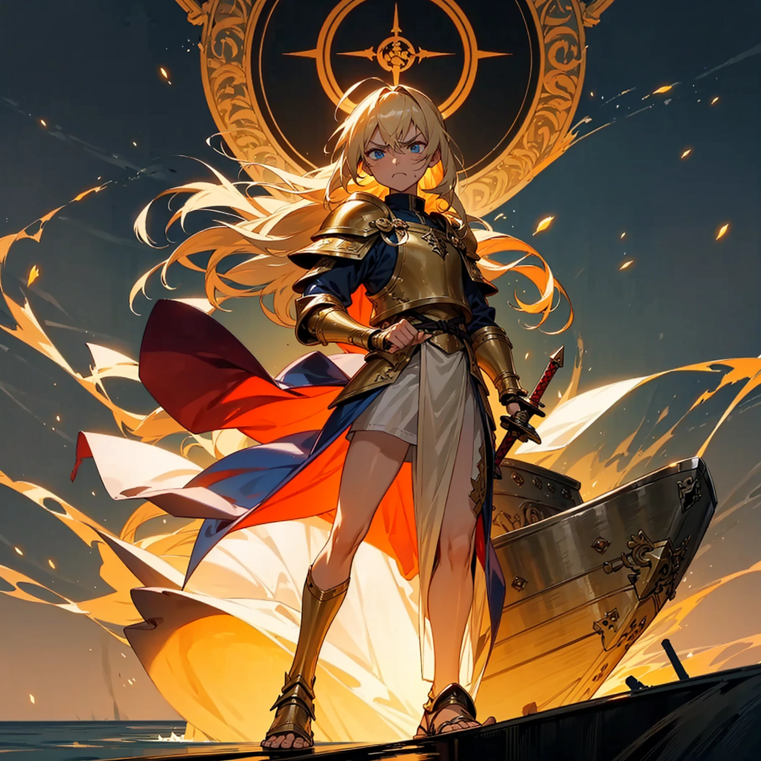 1Man, Full body version, 1character, blue eyes, Tan skin, long Shaggy hairstyle, blonde colour hair, very angry expression, angry eyes, angry mouth, templar knight clothing, blue colour clothing, ancient Greek sandals, gold sword in hand, small shield gold in hand, gold armor, Grassroots background in big ship, sea, background ship damage, war in ship, fire, fire light, light fire silhouette, in evening, (war gesture), bloody in ship, blood on face, blood on sword, blood on armor, bloody background