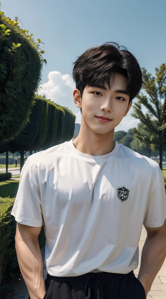 (As a matter of fact, Masterpiece, 8k HD, good light quality, sportswear, fit the face, complicated details), A handsome, muscular young Korean man. , 20 years old, be happy, smile brightly, detailed face, delicate eyes, มองดูsky, Wear casual clothes, period, black eyes, Black hair color, ผมsmooth, smooth, outdoor sports, Along the garden, Sunny,sky,Surreal,Awesome details,Highest quality,real,