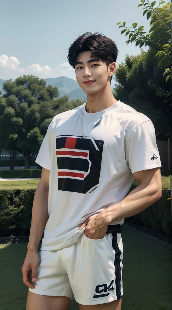 (As a matter of fact, Masterpiece, 8k HD, good light quality, sportswear, fit the face, complicated details), A handsome, muscular young Korean man. , 20 years old, be happy, smile brightly, detailed face, delicate eyes, มองดูsky, Wear casual clothes, period, black eyes, Black hair color, ผมsmooth, smooth, outdoor sports, Along the garden, Sunny,sky，Surreal，Awesome details，Highest quality，real，