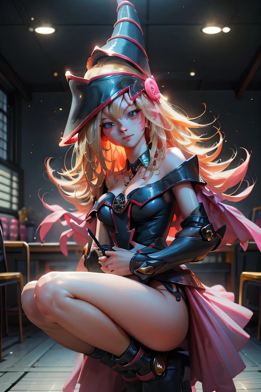 1 magical girl,squatting and opening legs、Cute Magical Girl Costume、Slender Line、Slender body、a miniskirt、Eyes from below、Have a magic cane、embarrassed from、Wearing a wizard's hat、
(((tmasterpiece))), ((best qualtiy)), ((intricate detailes)), ((Ultra-realistic realism)), ighly detailed,Medium chest, perfect hand, Detailed finger, Full body、