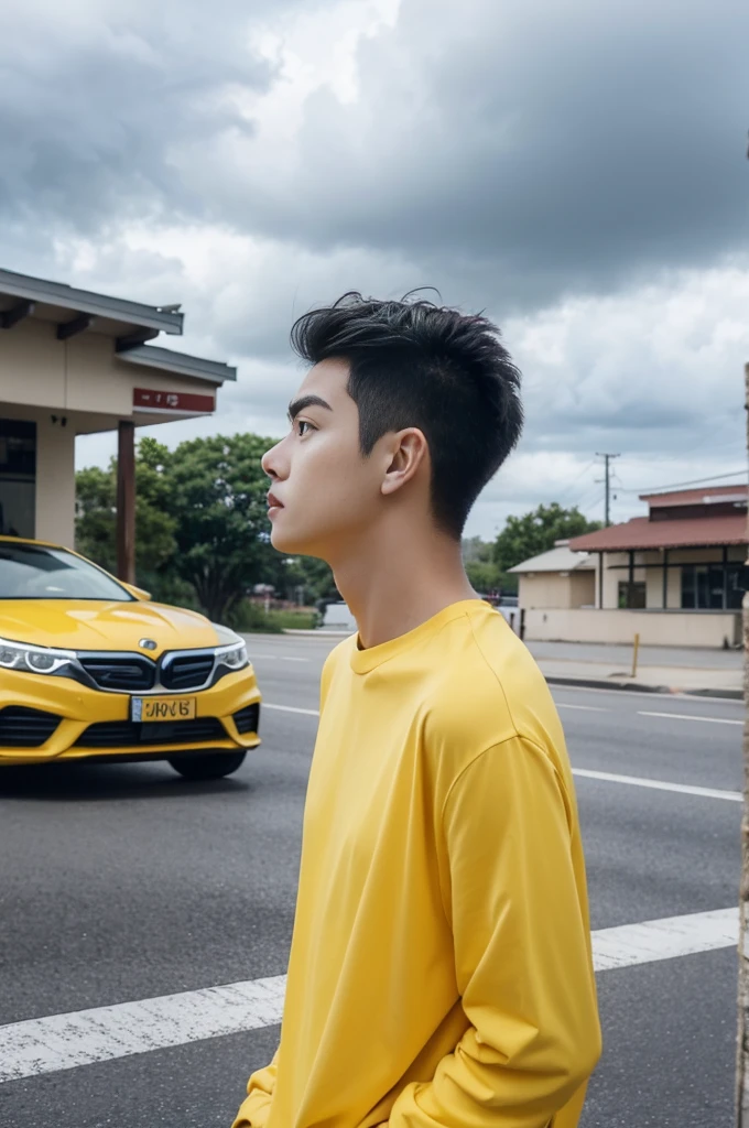 A young man in a yellow shirt stood on the side of the road with a serious expression., looking into the distance，Eyebrows frowned.，He looked worried.，Turn your head slightly.，Cloudy day, coffee shop