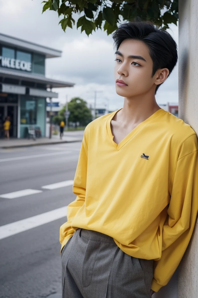 A young man in a yellow polo shirt stood on the side of the road with a serious expression., looking into the distance Turn your head slightly.,Cloudy day, coffee shop