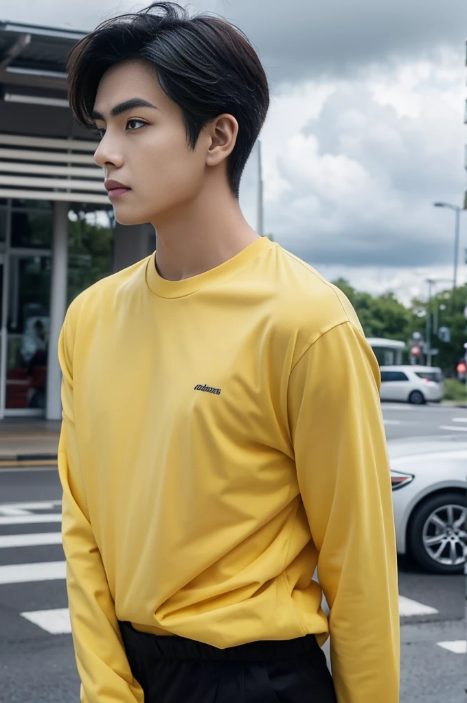 A young man in a yellow shirt stood on the side of the road with a serious expression., looking into the distance，Eyebrows frowned.，He looked worried.，Turn your head slightly.，Cloudy day, coffee shop