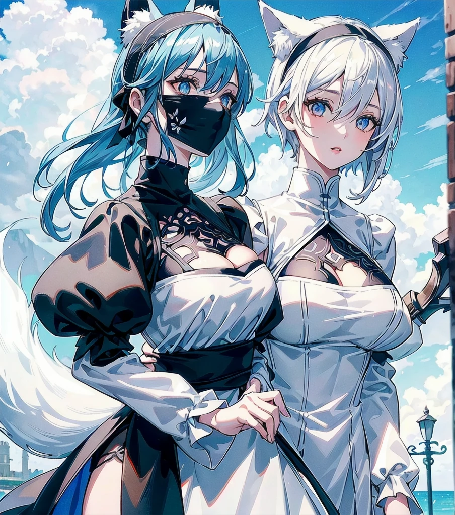 A beautiful young girl with her eyes covered, wearing a dress with a cutout revealing her cleavage, a headband, and puffy sleeves. She has short blue hair, red lips, and a shadowed face. The girl is set against a sky background, with white fox ears and a nine-tailed fox tail.
(best quality,4k,8k,highres,masterpiece:1.2),ultra-detailed,(realistic,photorealistic,photo-realistic:1.37),1girl,beautiful detailed eyes,beautiful detailed lips,extremely detailed eyes and face,long eyelashes,dress,cleavage cutout,headband,juliet sleeves,long sleeves,nier (series),nier automata,fluffy sleeves,red lips,shadowed face,short hair,solo,turtleneck sweater,upper body,blue hair,sky,white fox ears,white fox tail,nine-tailed fox