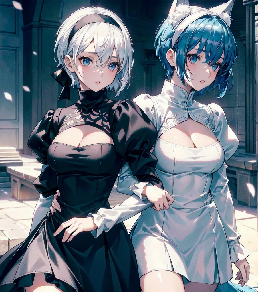 A beautiful young girl with her eyes covered, wearing a dress with a cutout revealing her cleavage, a headband, and puffy sleeves. She has short blue hair, red lips, and a shadowed face. The girl is set against a sky background, with white fox ears and a nine-tailed fox tail.
(best quality,4k,8k,highres,masterpiece:1.2),ultra-detailed,(realistic,photorealistic,photo-realistic:1.37),1girl,beautiful detailed eyes,beautiful detailed lips,extremely detailed eyes and face,long eyelashes,dress,cleavage cutout,headband,juliet sleeves,long sleeves,nier (series),nier automata,fluffy sleeves,red lips,shadowed face,short hair,solo,turtleneck sweater,upper body,blue hair,sky,white fox ears,white fox tail,nine-tailed fox