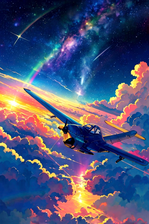 A plane flying in a rainbow sky，colorful，beauttiful stars，wonderful景色，Utopia，An atmosphere full of dreams and hope，masterpiece．16K, Ultra-high resolution, Ultra-high resolution, to be born,wonderful ,future、Iridescent、The world 30 years from now。