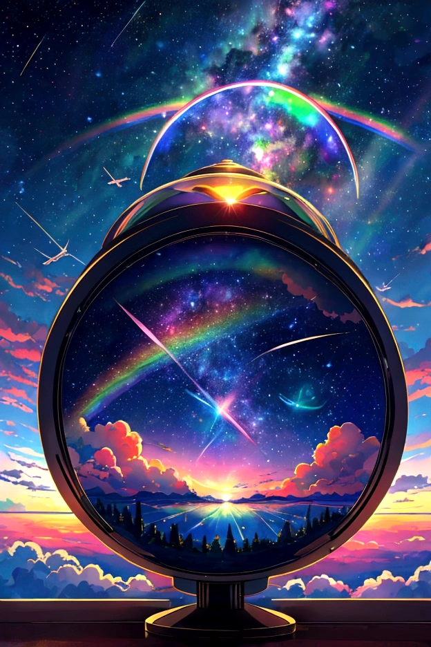 A plane flying in a rainbow sky，colorful，beauttiful stars，wonderful景色，Utopia，An atmosphere full of dreams and hope，masterpiece．16K, Ultra-high resolution, Ultra-high resolution, to be born,wonderful ,future、Iridescent、The world 30 years from now。