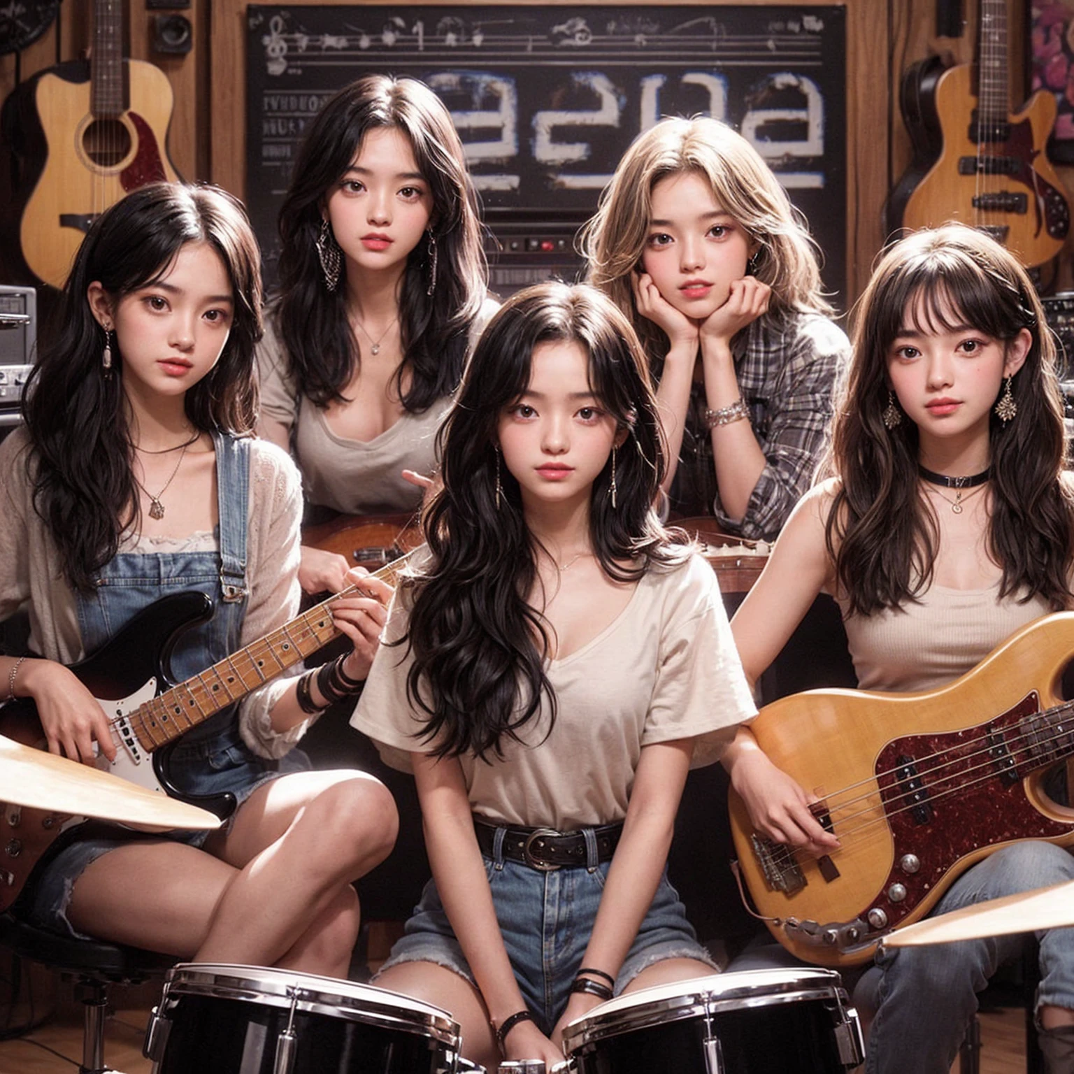 **Photo of 5 beautiful girls, aged 18 to 20, sitting:**
- **3 girls with messy black hair**
- **1 girl with wavy bob black hair**
- **1 girl with a black ponytail**
One girl is playing the drums, one girl is playing the piano, one girl is playing the bass guitar, one girl is playing the guitar, and one girl is singing. They are sitting behind a board with the word "ECHO" written on it. The background is a music studio, complete with drums, guitars, bass guitar, and piano. The image is ultra HD, 4k, photorealistic, raw, and a masterpiece.