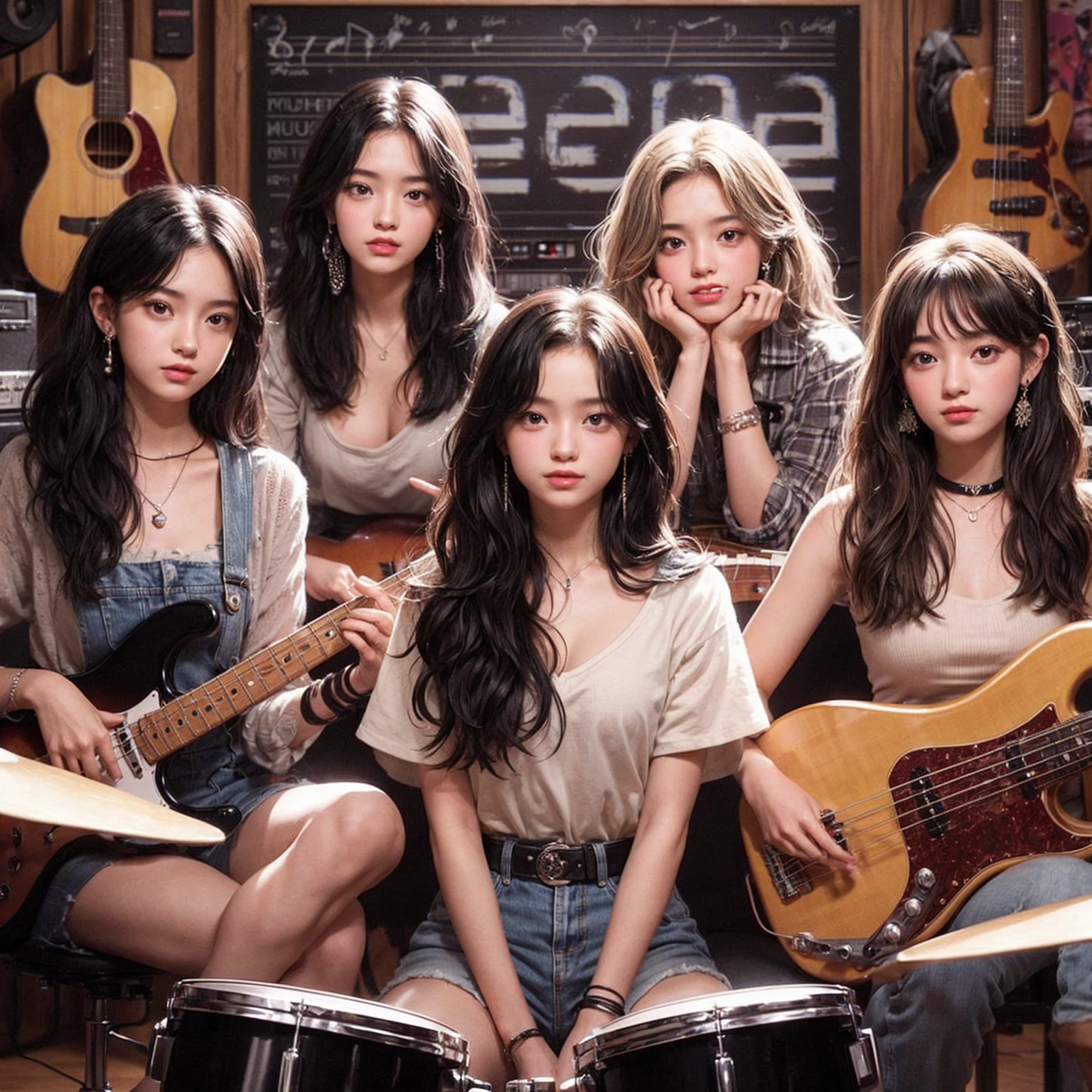 **Photo of 5 beautiful girls, aged 18 to 20, sitting:**

- **3 girls with messy black hair**
- **1 girl with wavy bob black hair**
- **1 girl with a black ponytail**

One girl is playing the drums, one girl is playing the piano, one girl is playing the bass guitar, one girl is playing the guitar, and one girl is singing. They are sitting behind a board with the word "ECHO" written on it. The background is a music studio, complete with drums, guitars, bass guitar, and piano. The image is ultra HD, 4k, photorealistic, raw, and a masterpiece.