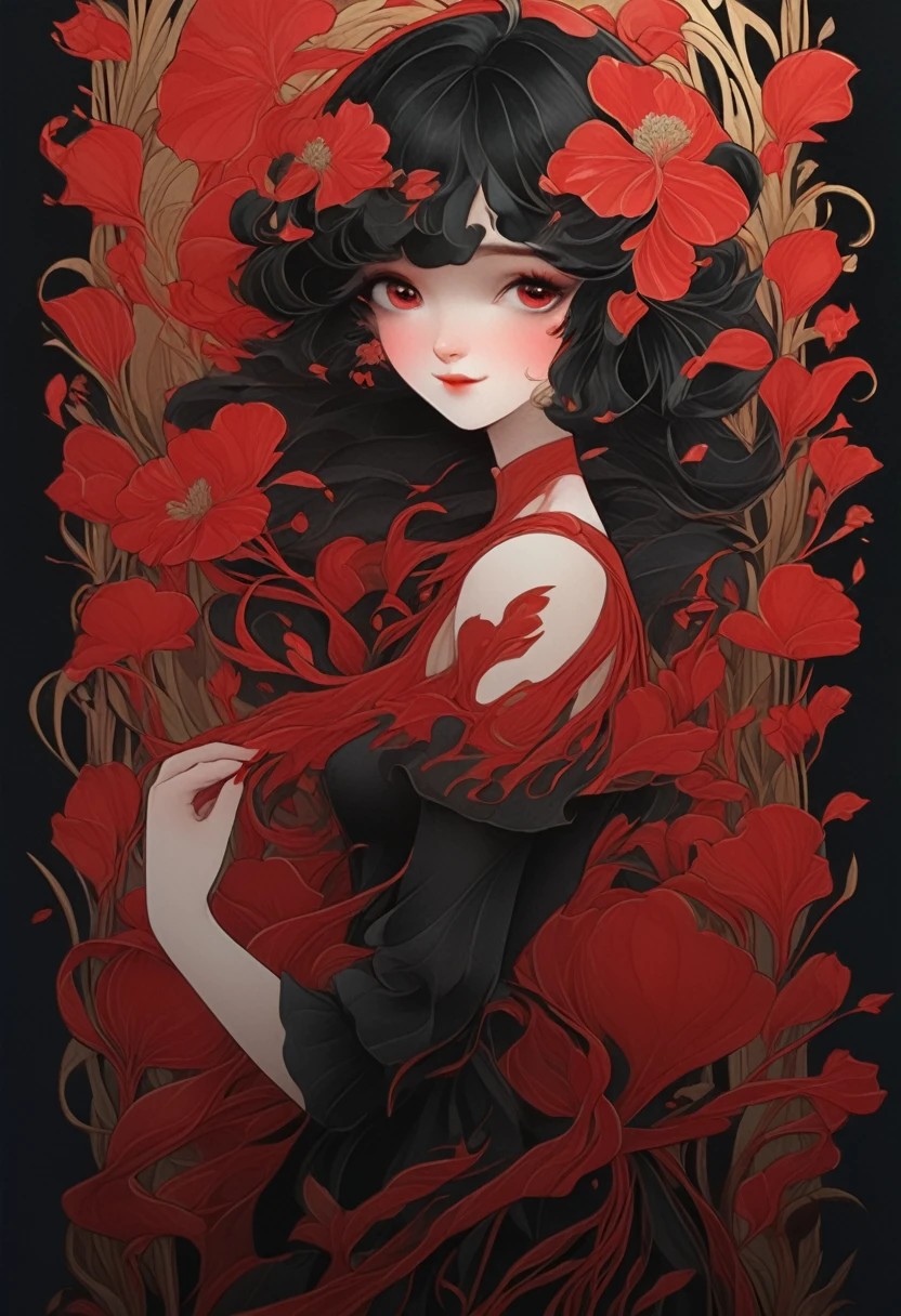 (masterpiece, best quality:1.2), 1 girl, solitary,Pretty Face，Red Fatism Art Nouveau，Illustration style，Black and red，Flowers


