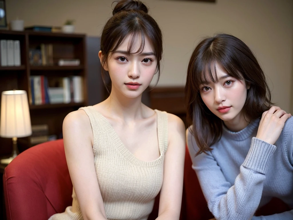 (Sleeveless:1.3) Put your hair up to reveal a sexy nape or neck 、beautiful, thin, Fair Arms　Pureeros　(super highest quality:1.3) (Very realistic, Realistic:1.3), (Sharp focus:1.3) Pure　(Sharp focus:1.3) Wide background々Luxurious living room　Bookshelf　3D　Beautiful gradients　  A happy and kind smile　Very high quality and stylish　See-through bangs　　Elegant and intelligent　Clean and stylish　Excellent Education　Women's Fashion Magazine　model　　 (Realistic and very high quality:1.3). (High resolution/High resolution:1.3)　　Tabletop, Very delicate and beautiful, Soft Light, (Brown Hair, Shoulder-length straight bob hair)  Beautiful detailed girls, Highly detailed eyes and face, beautifully detailed nose, thin and beautiful eyes, 1 girl, Japanese, Pureな beauty, cute, young, Very stylish　　A spring sweater in spring-like colors　Very stylish　Supported by women　Trending Fashion　, (Medium Chest), Realistic Face, Realistic body, 