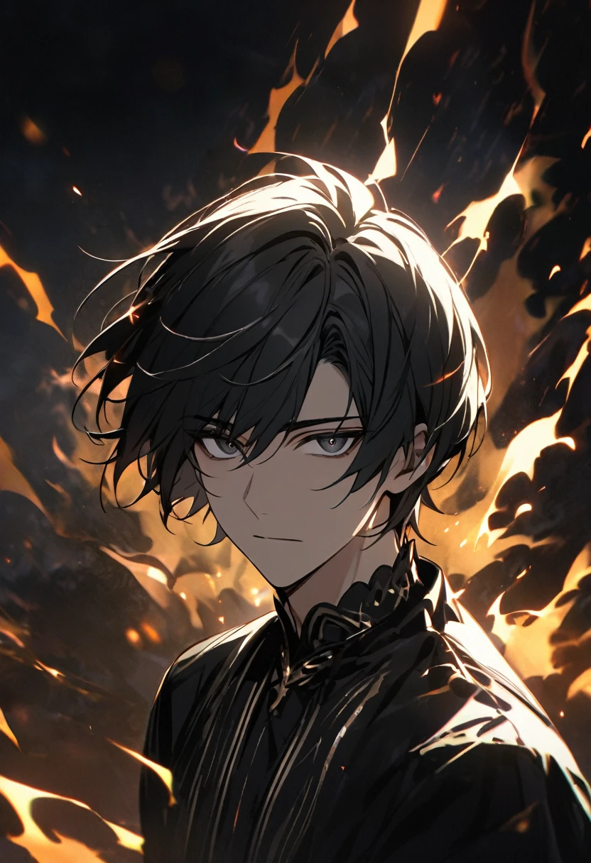 Man, short hair, black hair, black eyes, glowings eyes, black aura, white aura, handsome, high quality