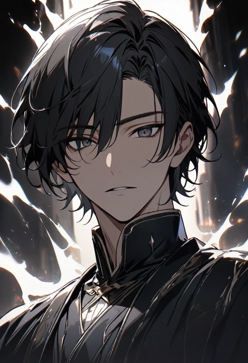 Man, short hair, black hair, black eyes, glowings eyes, black aura, white aura, handsome, high quality