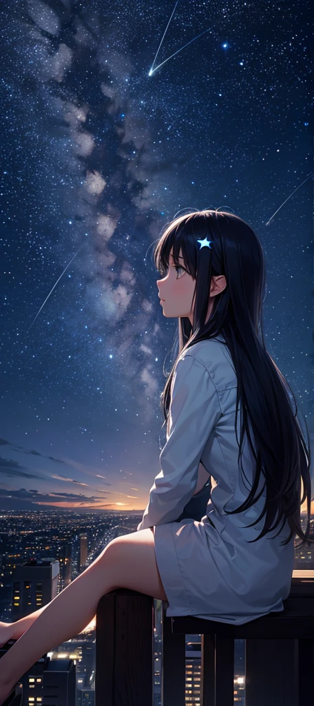 octans, sky, star (sky), scenery, starry sky, night, 1girl, night sky, solo, outdoors, building, cloud, milky way, sitting, tree, long hair, city, silhouette, cityscape