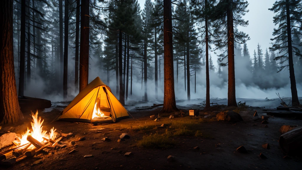 tent near a glass mountain in a large canyon, nighttime conditions lit firewood outside the tent, surrounded by icy forest, volcano emitting colorful smoke, the whole forest covered with many colors, aesthetic, very aesthetic, artistic, very detailed, masterpiece, light refraction, very detailed, very detailed, a masterpiece, sharp colors, contrast, 16k, high quality, hdr