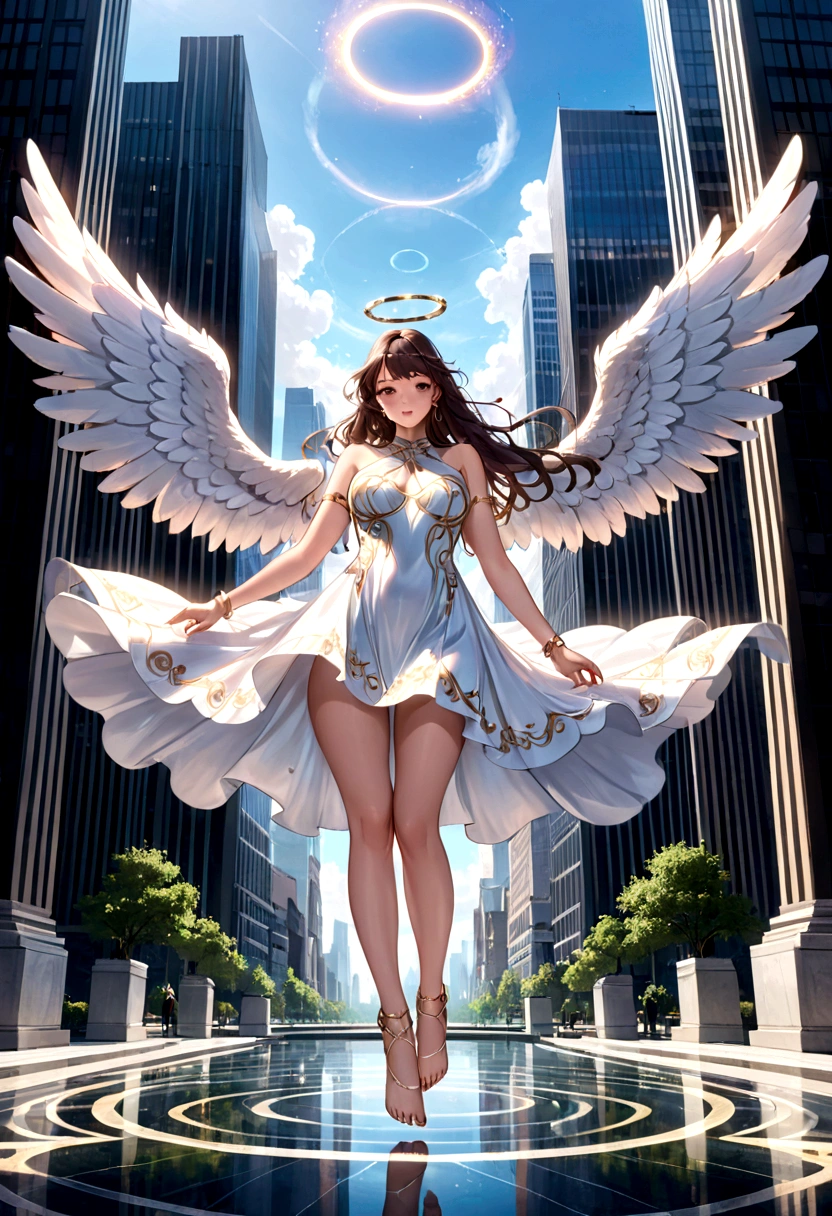 beautiful busty Angel, Wearing a gorgeous dress that covers the whole body, luxurly gawn,Floating in the air, angel wings, (angel ring:1.3), outdoor, detailed face, detailed eyes, detailed lips, detailed nose, detailed foot, full body shot, giga_busty