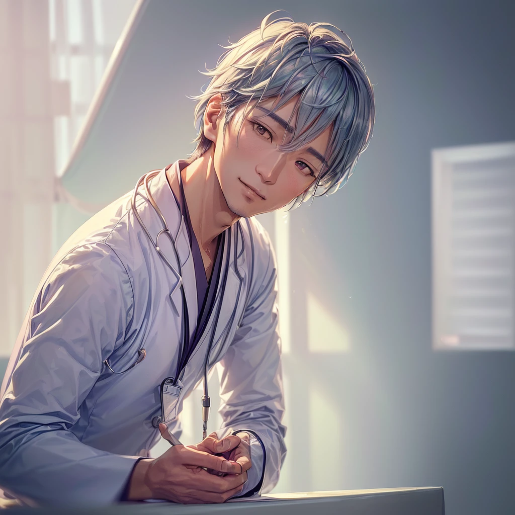 Compassionate (Asian male physician:1.5) engaging with (digital patient charts:1.3) within a (modern hospital consultation room:1.4), accented with (sunlight filtering through blinds:1.4) and (medical diplomas on the wall:1.2), intricate details, (subdued pastel color palette:1.4), (reassuring and trustworthy atmosphere:1.5), (warm morning light:1.4) casting a gentle glow, high-definition, sharp focus, perfect composition, (environmental portrait style:1.5) (professional headshot:1.5) (website and promotional material:1.5)