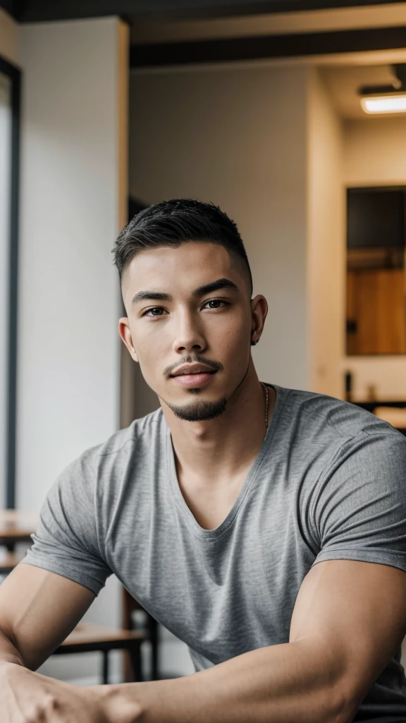 Tony Labrusca, young people, , Grey T-shirt, studio, matures,Portrait, man, A serious masterpiece, model  , Wide yard, tables, chairs, restaurant