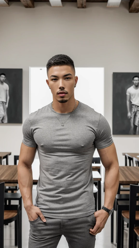 Tony Labrusca, young people, , Grey T-shirt, studio, matures,Portrait, man, A serious masterpiece, model , Wide yard, tables, chairs, restaurant