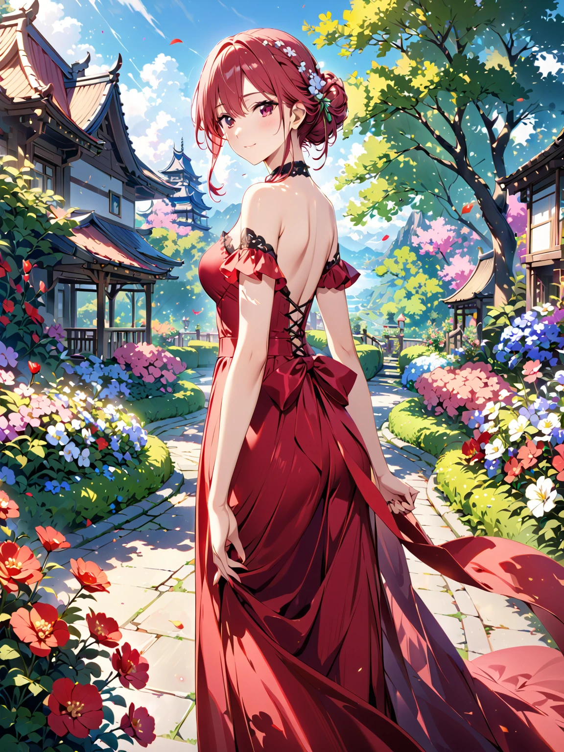 Very delicate and beautiful，非常にdetailed，CG，Unity，8k wallpaper，wonderful，detailed，masterpiece，The best quality in the best condition，Official Art，非常にdetailed CG 8k Unbelievably ridiculous resolution,Beautiful and exquisite,High resolution，非常にdetailedな目と顔,garden with flowers,Dressed in a red dress,  turn around